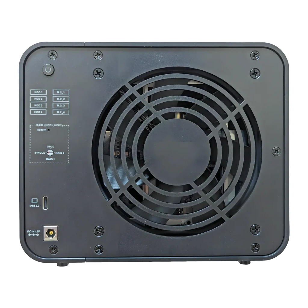Boîtier DAS TerraMaster D8 Hybrid Noir 8 Baies (4 SATA + 4 M.2 NVMe), vue arrière: grand ventilateur, port USB 3.2, DC IN