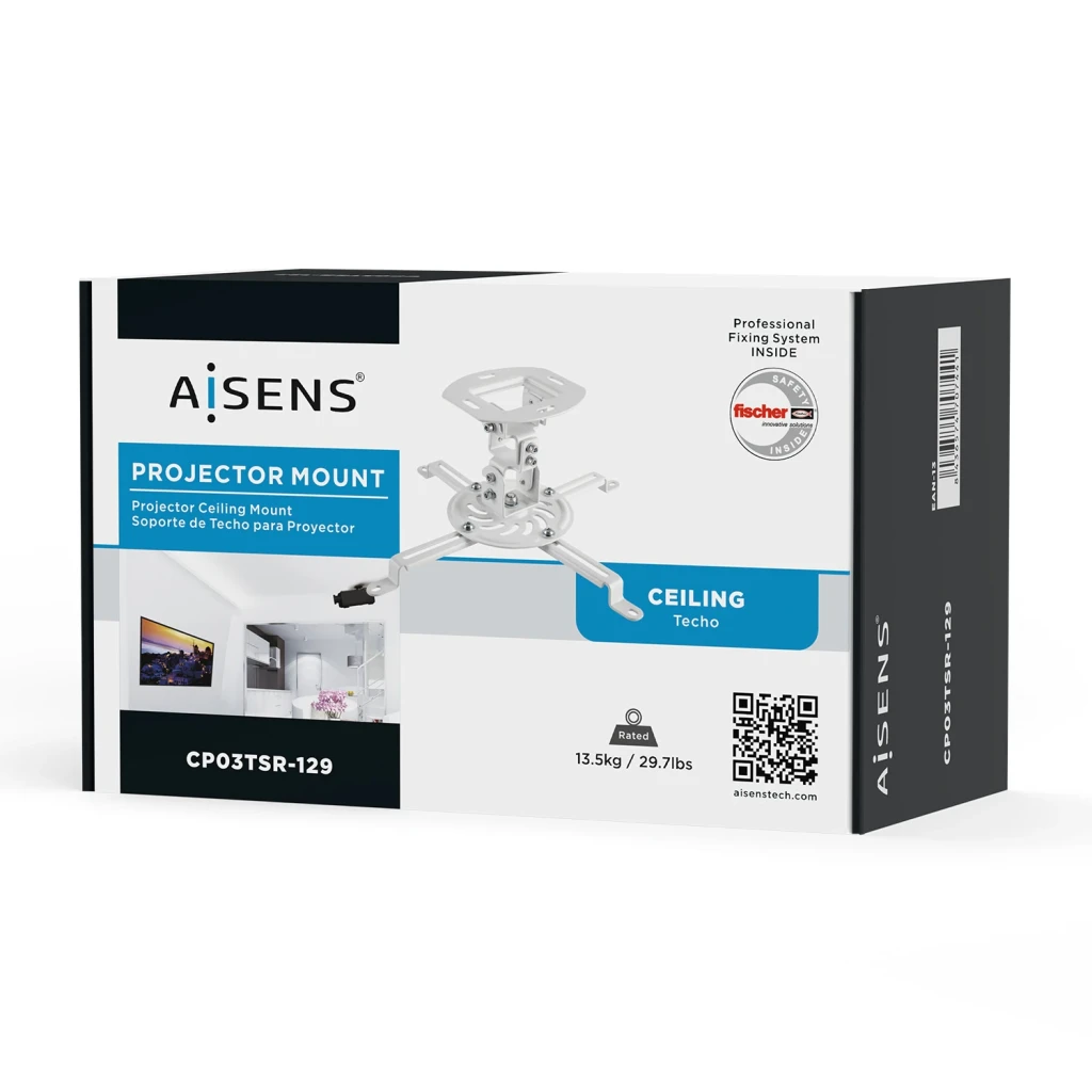 AISENS Suporte Universal Giratório e Inclinável de Teto para Projetor Branco, conteúdo da caixa: embalagem com suporte