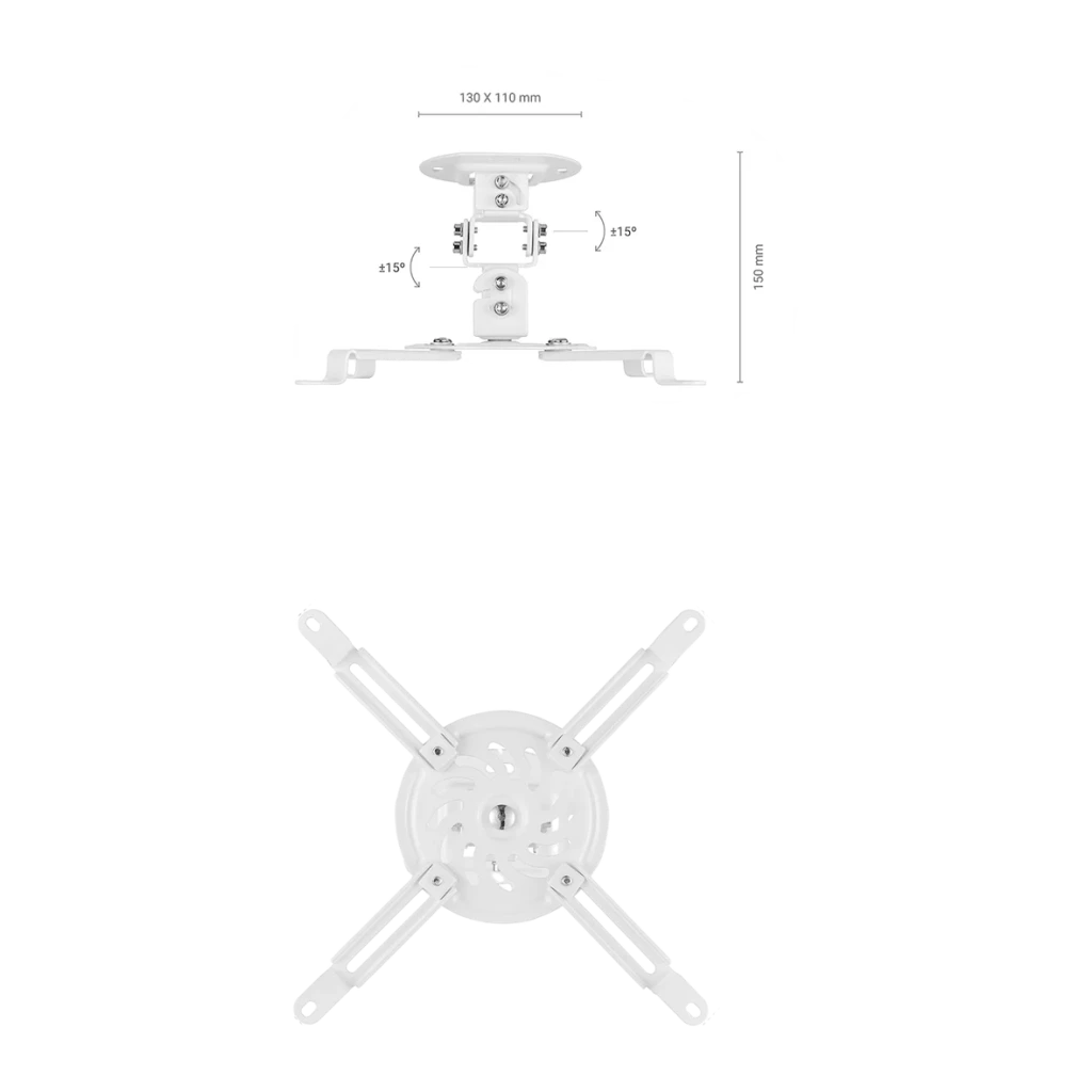 AISENS Suporte Universal Giratório e Inclinável de Teto para Projetor Branco, detalhe: cotas 130x110mm, altura 150mm