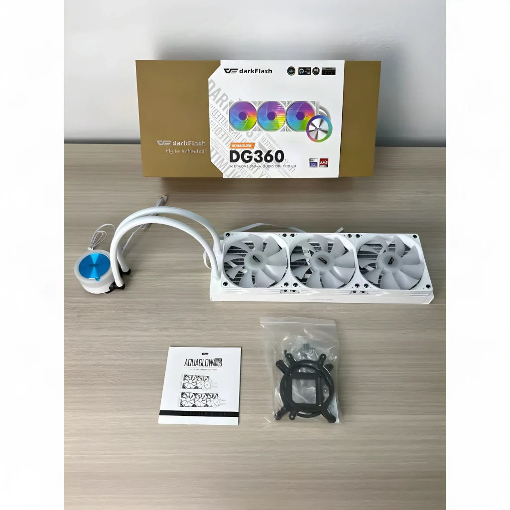 Refrigeración Líquida AIO darkFlash DG360 3x 120mm ARGB 360mm Blanco, contenido de la caja: radiador con 3 ventiladores
