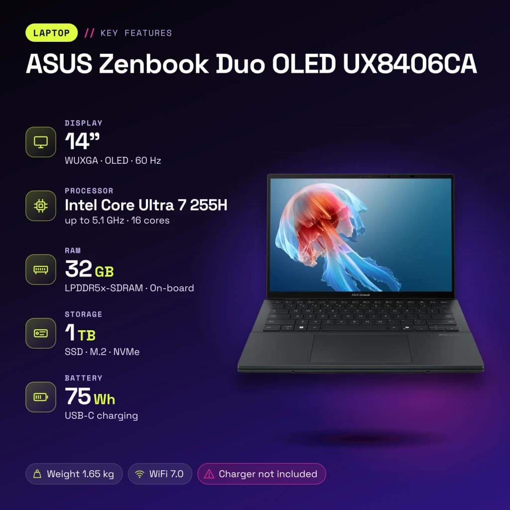 Portátil ASUS Zenbook Duo OLED 32GB/1TB SSD 14 pulgadas Táctil Intel Core Ultra 7 255H NVMe PCIe 4.0 Windows 11 Home Gris UX8406CA - características