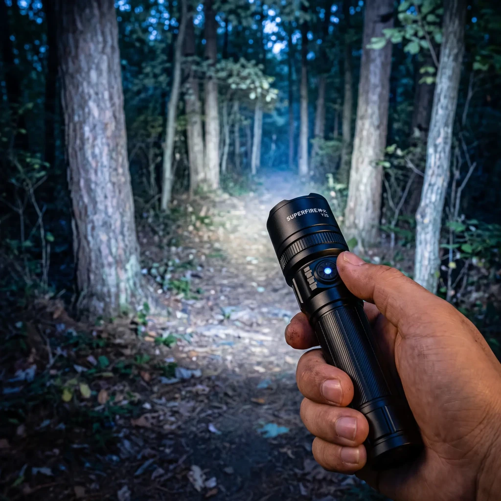 Linterna LED Superfire Y25 Negro USB-C Recargable 600 Lúmenes 450m, en uso: mano sostiene la linterna iluminando sendero