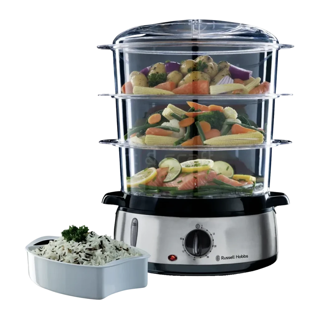 Vaporera Russell Hobbs Cook@Home 9L 800W Negro 19270-56, vista frontal: 3 cestas transparentes con verduras y salmón, base