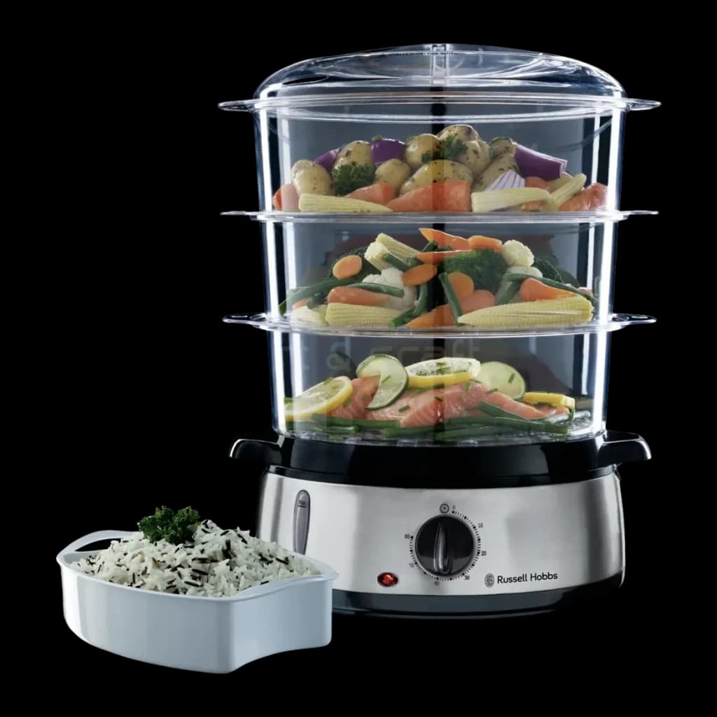 Vaporizador Russell Hobbs Cook@Home 9L 800W Preto 19270-56, vista frontal: 3 cestos transparentes com legumes e salmão, base