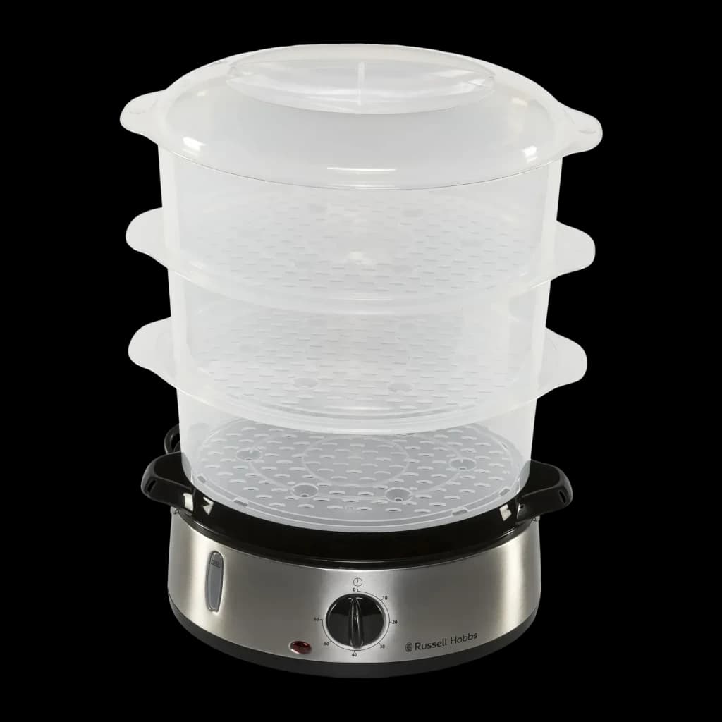 Vaporizador Russell Hobbs Cook@Home 9L 800W Preto 19270-56, detalhe: 3 cestos translúcidos empilhados sobre base inox