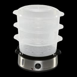 Vaporizador Russell Hobbs Cook@Home 9L 800W Preto 19270-56, detalhe: 3 cestos translúcidos empilhados sobre base inox