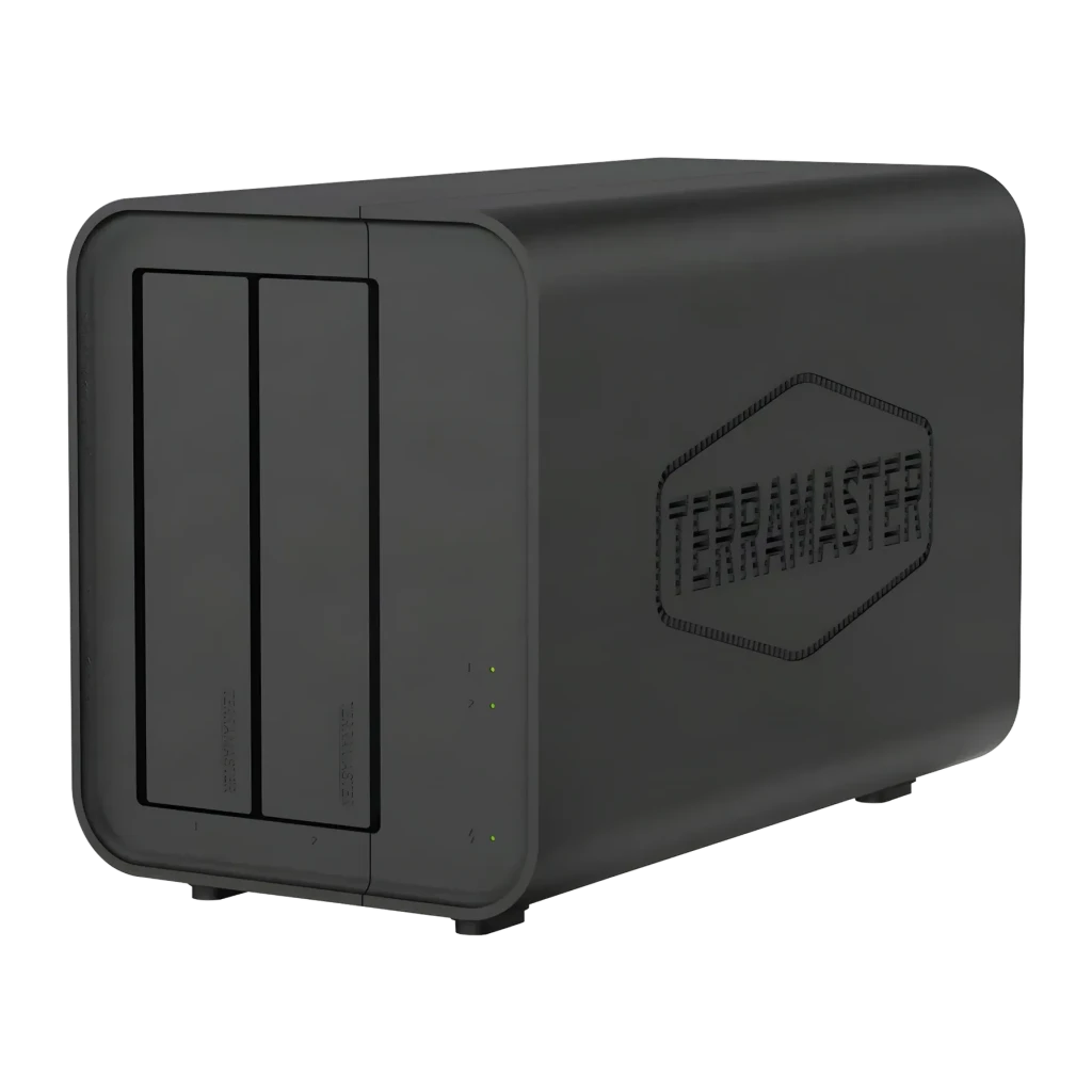 Boîtier DAS TerraMaster D5 Hybrid Noir 5 baies (2 SATA + 3 NVMe), vue avant: châssis gris foncé avec 2 baies SATA, LEDs