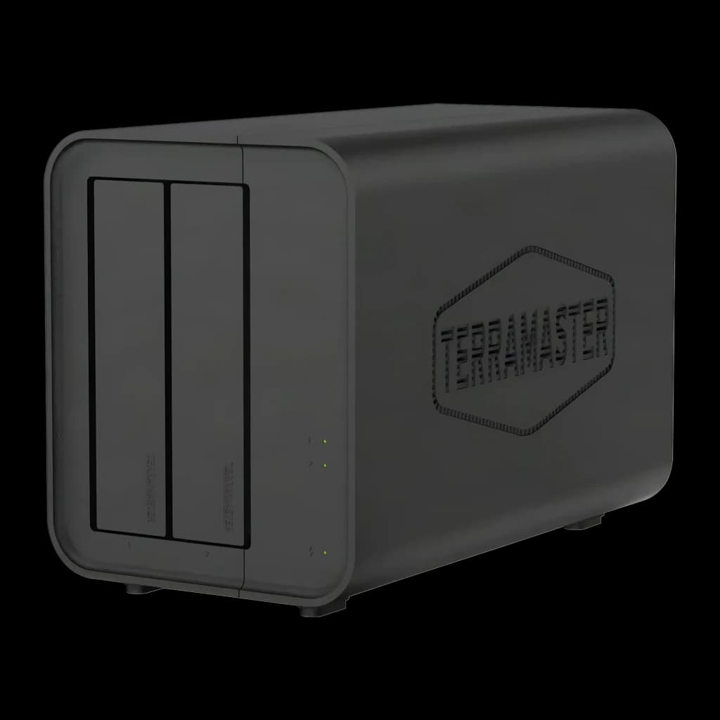 Caixa DAS TerraMaster D5 Hybrid Preto 5 Baías (2 SATA + 3 NVMe), vista frontal: chassis cinza-escuro com 2 baías SATA, LEDs