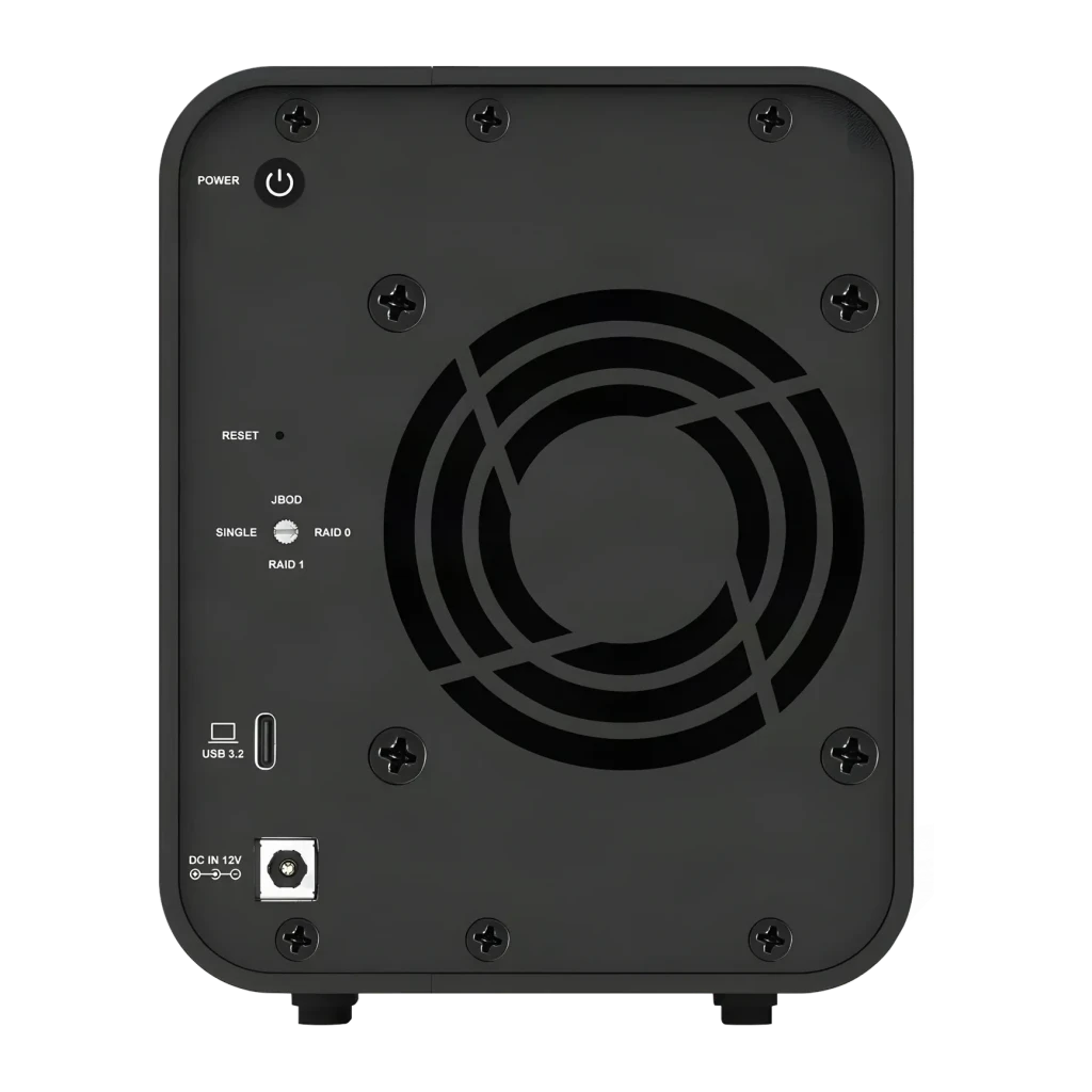 Boîtier DAS TerraMaster D5 Hybrid Noir 5 baies (2 SATA + 3 NVMe), vue arrière: ventilateur, USB 3.2, DC 12V et sélecteur