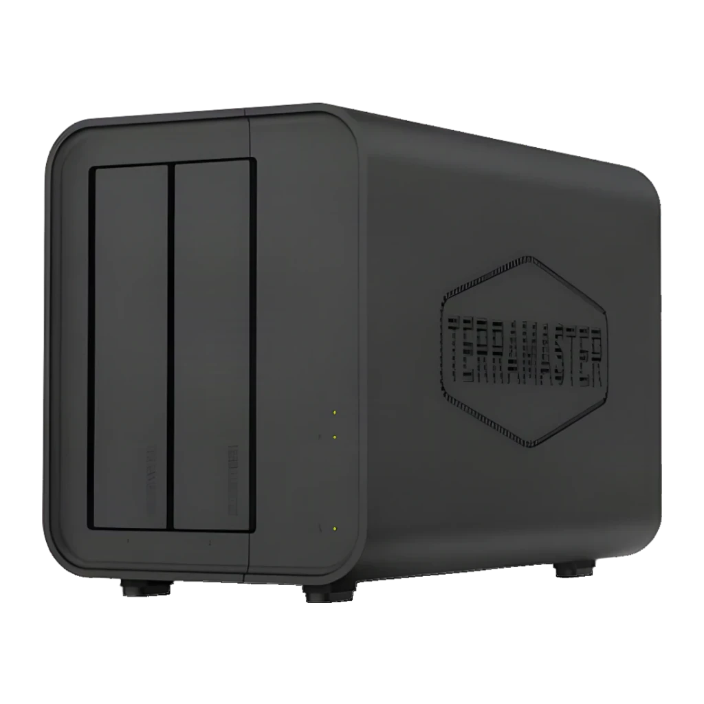 Boîtier DAS TerraMaster D5 Hybrid Noir 5 baies (2 SATA + 3 NVMe), détail: angle avant-latéral montrant 2 baies SATA