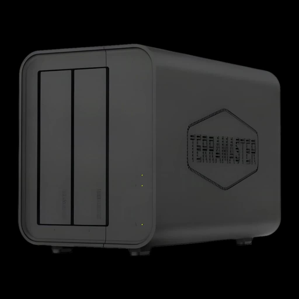 Caixa DAS TerraMaster D5 Hybrid Preto 5 Baías (2 SATA + 3 NVMe), detalhe: ângulo frontal-lateral com 2 baías SATA e grelha