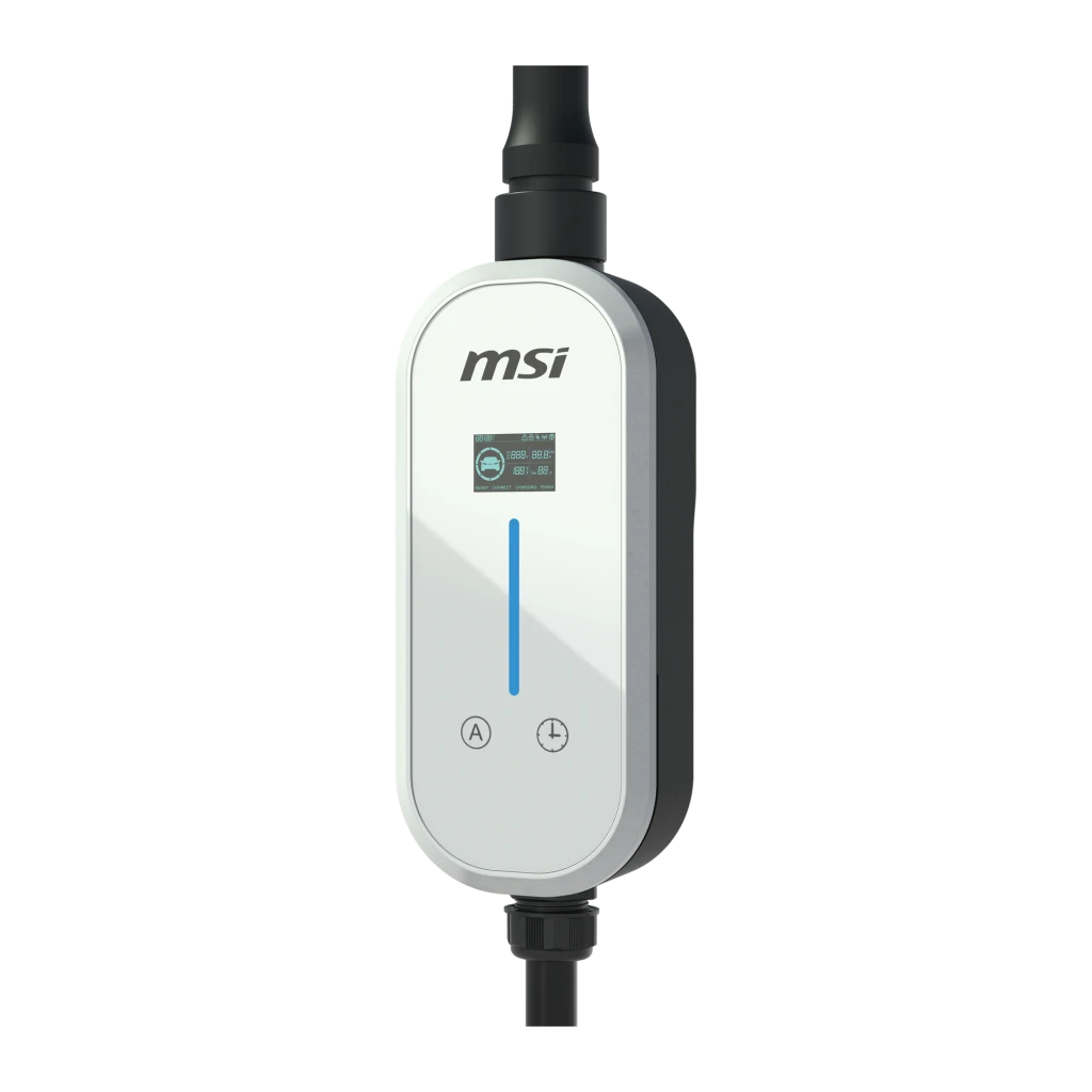 Cargador Coche Eléctrico MSI EVSE EZgo Blanco 11kW Trifásico 5m Cable, vista frontal: cuerpo ovalado blanco con pantalla