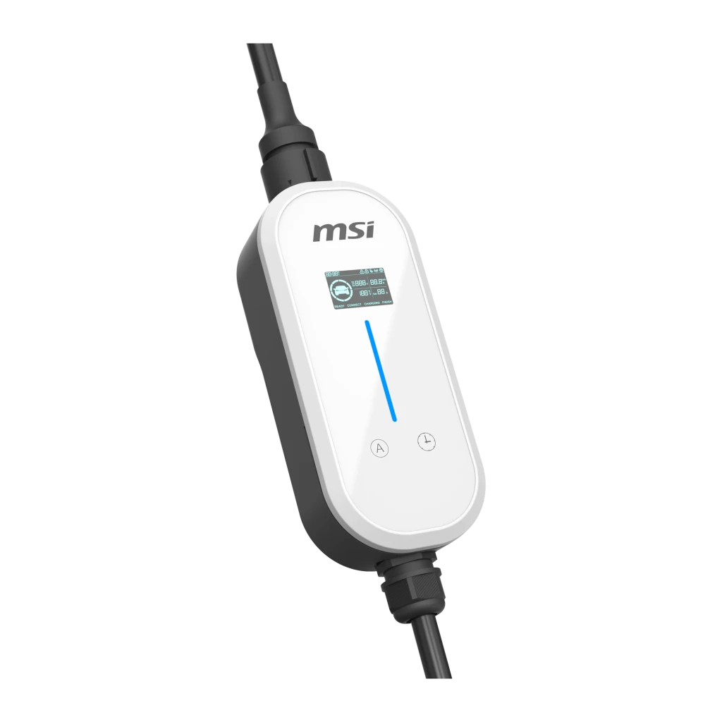 Cargador Coche Eléctrico MSI EVSE EZgo Blanco 11kW Trifásico 5m Cable, detalle: pantalla OLED, línea azul y botones