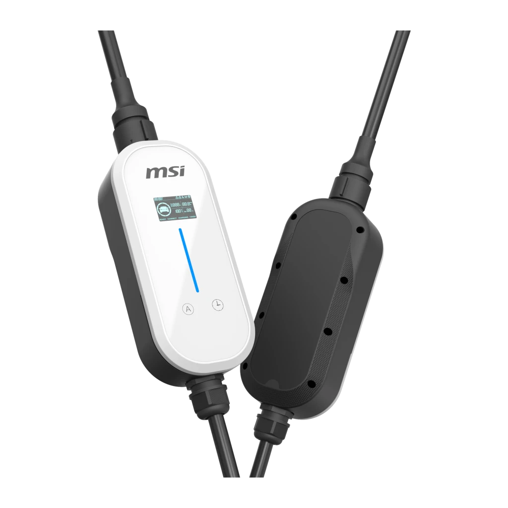 Cargador Coche Eléctrico MSI EVSE EZgo Blanco 11kW Trifásico 5m Cable, vista trasera: parte trasera negra con tornillos