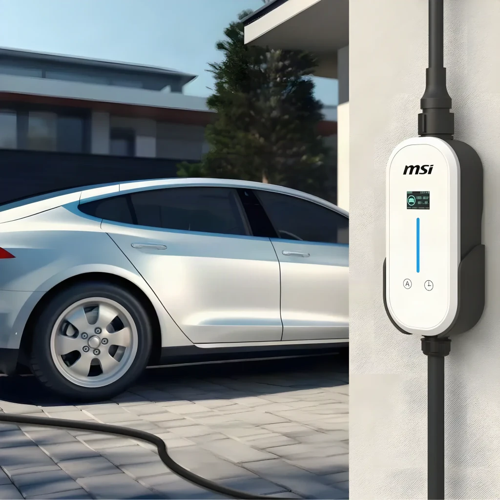 Cargador Coche Eléctrico MSI EVSE EZgo Blanco 11kW Trifásico 5m Cable, en uso: montado en pared con pantalla y LED azul