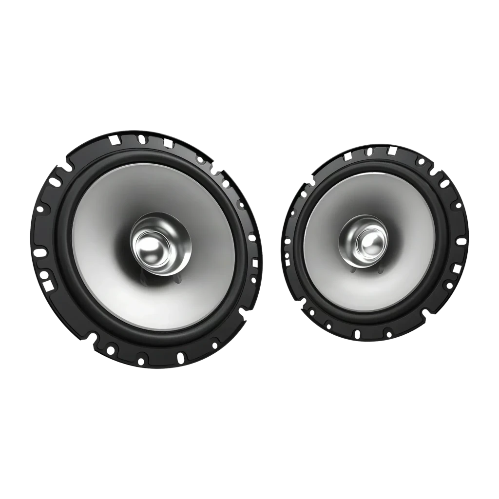 Colunas de carro Kenwood 30W RMS Preto KFC-S1756, vista frontal: par de colunas com membrana cinza e tweeter central prateado