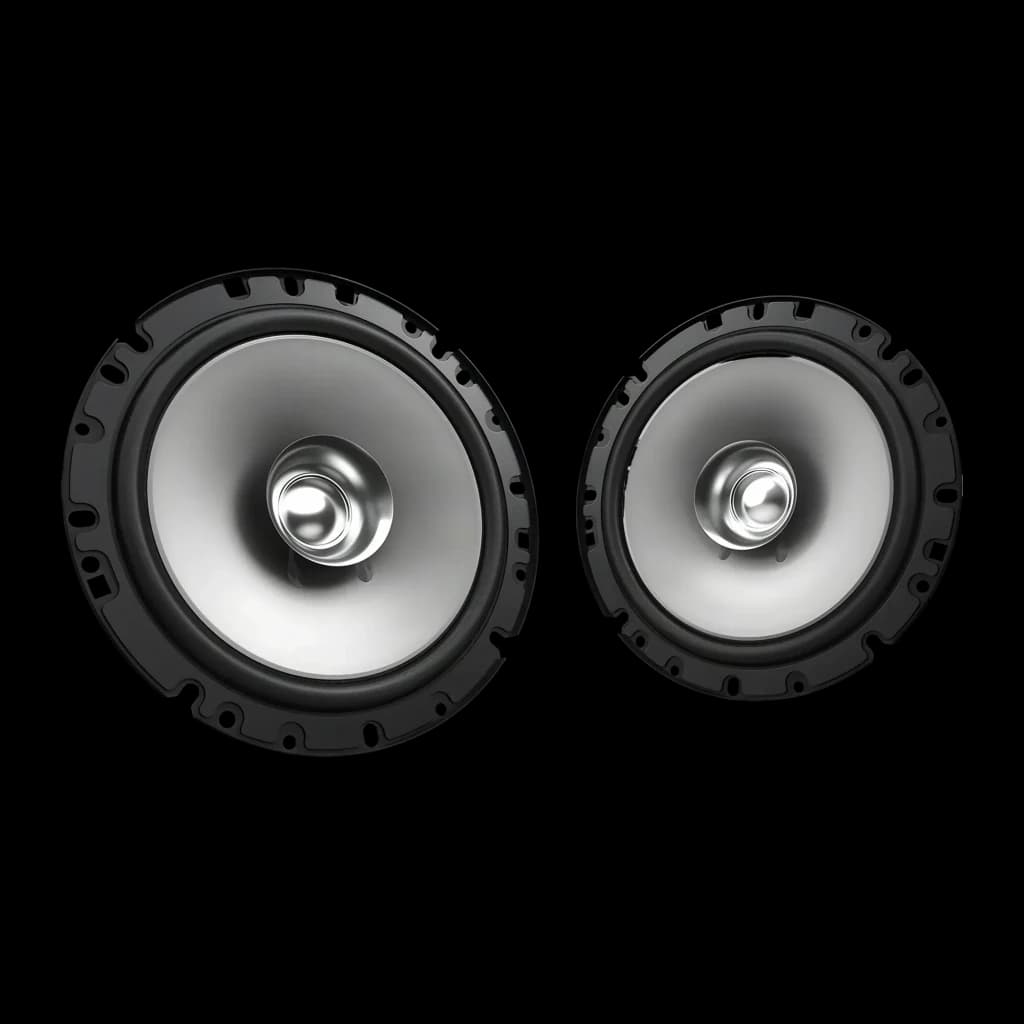 Colunas de carro Kenwood 30W RMS Preto KFC-S1756, vista frontal: par de colunas com membrana cinza e tweeter central prateado