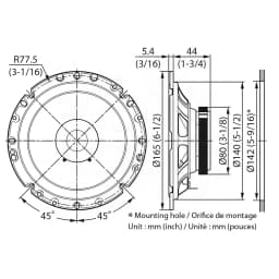 Colunas de carro Kenwood 30W RMS Preto KFC-S1756, diagrama técnico: cotas frontais e laterais, diâmetro 165mm
