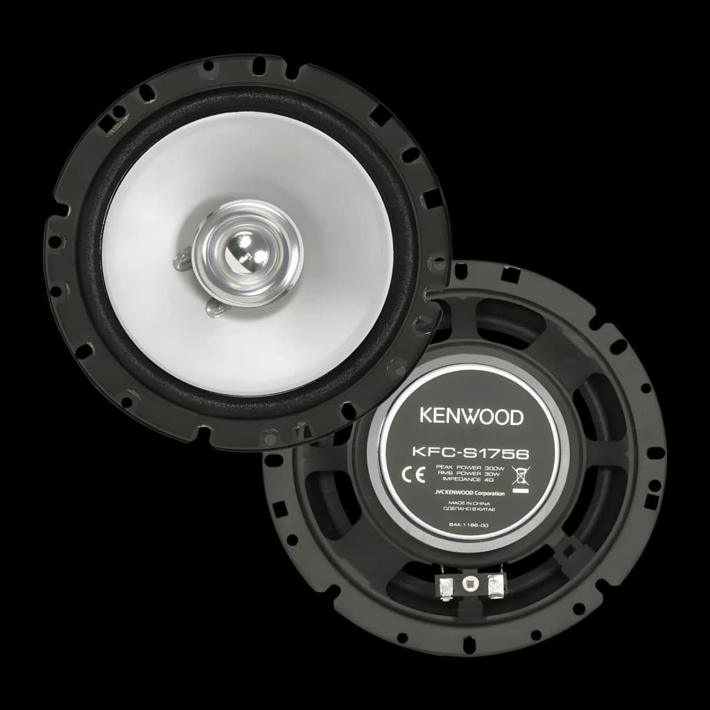 Colunas de carro Kenwood 30W RMS Preto KFC-S1756, vista traseira: par de colunas, uma com cone branco e tweeter, outra