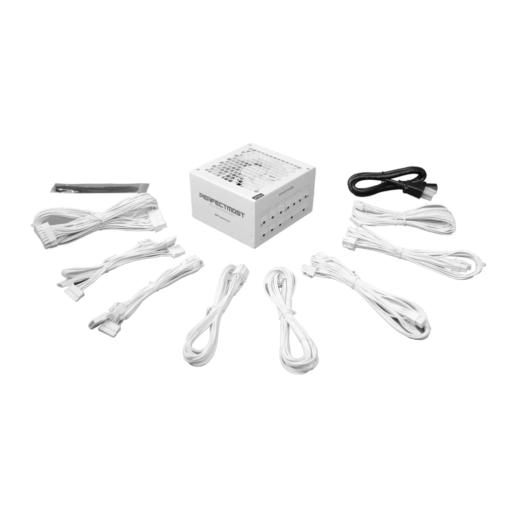 Bloc d'alimentation modulaire Darkflash 1050W 80 Plus Gold blanc PMT1050, détail: unité centrale entourée de tous les câbles