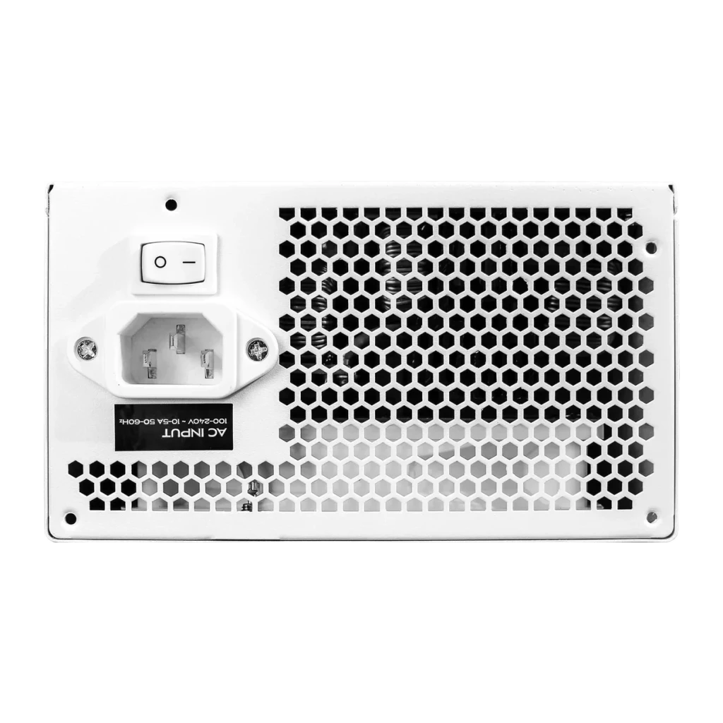 Bloc d'alimentation modulaire Darkflash 1050W 80 Plus Gold blanc PMT1050, vue arrière: grille hexagonale, interrupteur