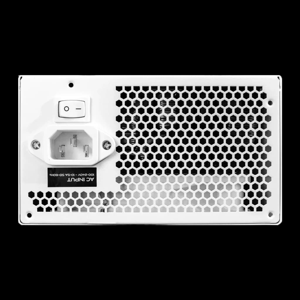 Bloc d'alimentation modulaire Darkflash 1050W 80 Plus Gold blanc PMT1050, vue arrière: grille hexagonale, interrupteur