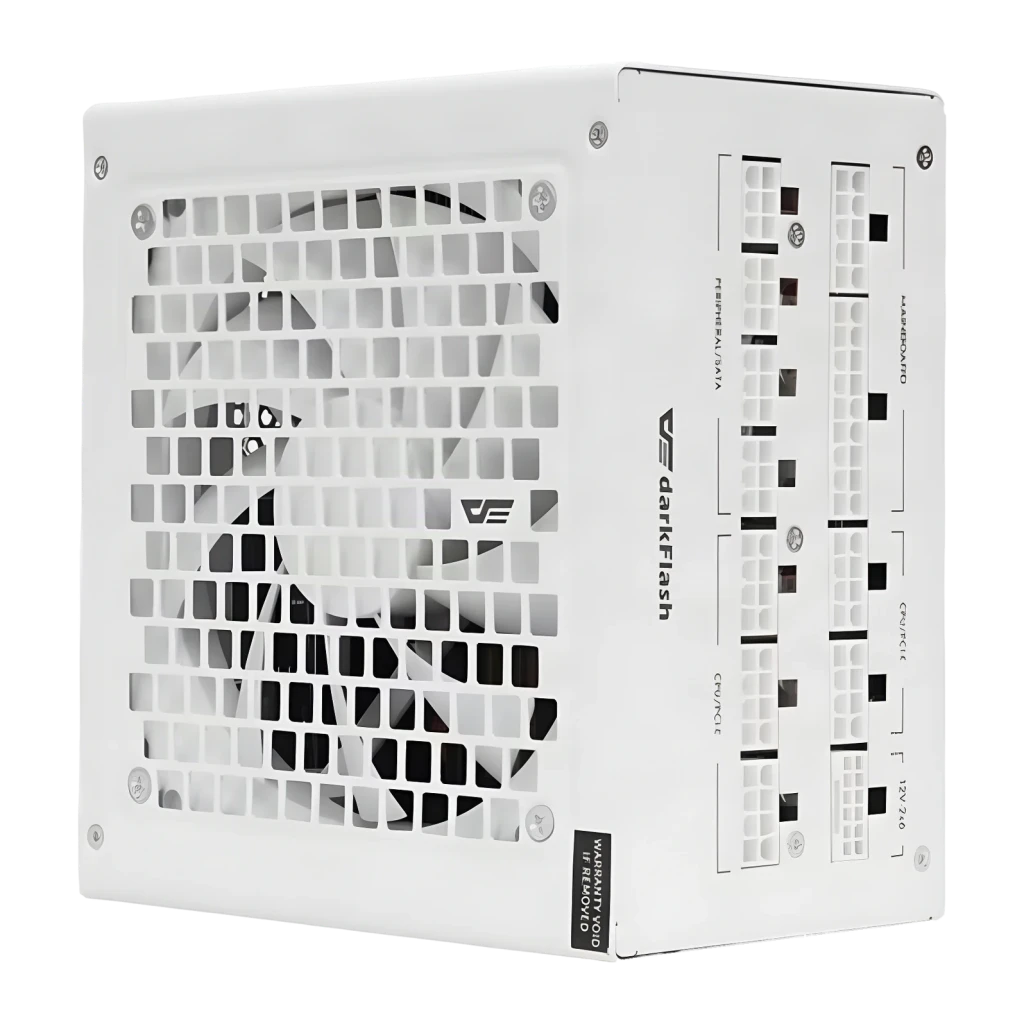Bloc d'alimentation modulaire Darkflash 1050W 80 Plus Gold blanc PMT1050, détail: grille de ventilateur et panneau modulaire