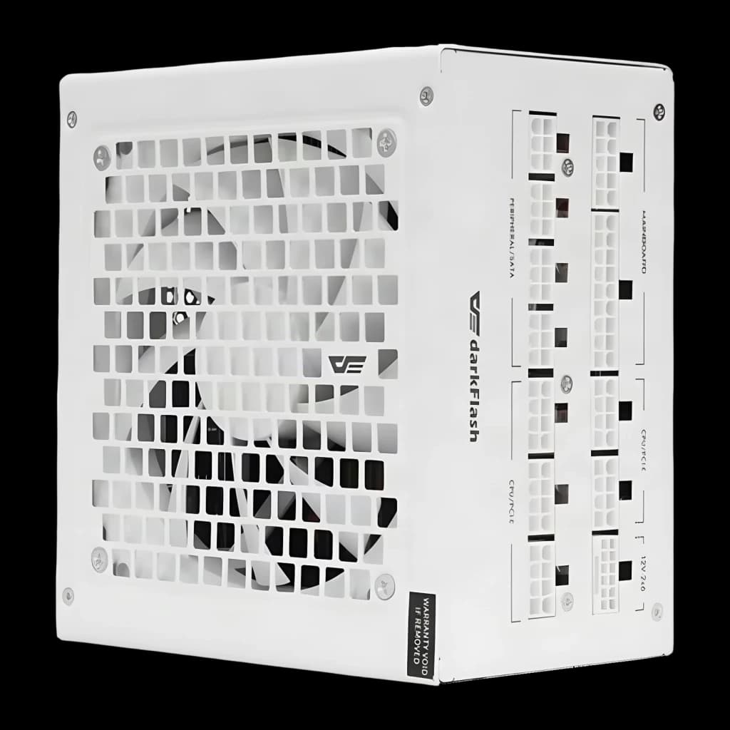 Bloc d'alimentation modulaire Darkflash 1050W 80 Plus Gold blanc PMT1050, détail: grille de ventilateur et panneau modulaire