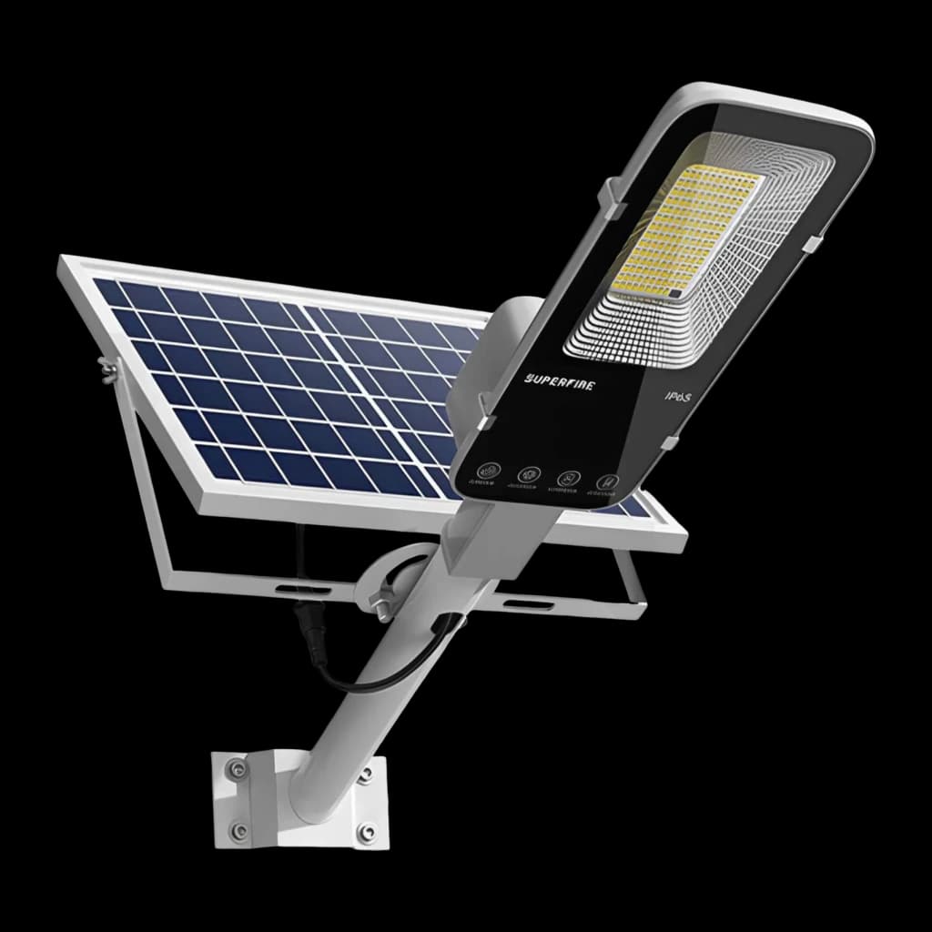 Candeeiro solar Superfire 20000mAh recarregável 2000lm 200m² Preto FF5-E, vista frontal: painel solar, braço metálico