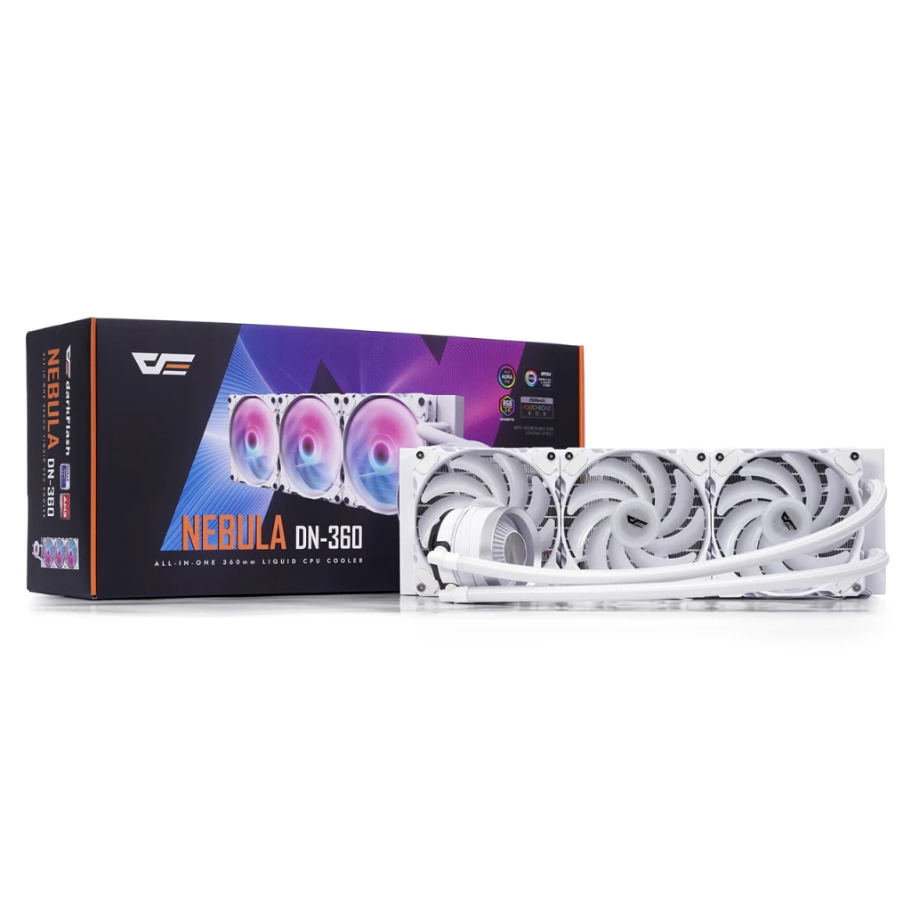 Refrigeración Líquida Darkflash Nebula DN 360 ARGB 360mm Blanco, contenido de la caja: radiador triple con 3 ventiladores