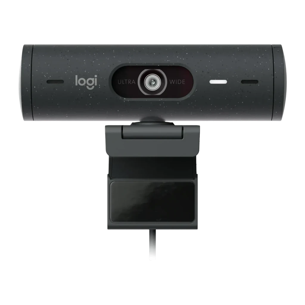 Webcam Logitech Brio 500 Full HD Microphone 60fps USB-C Graphite, vue avant: objectif ultra wide central, logo logi et clip