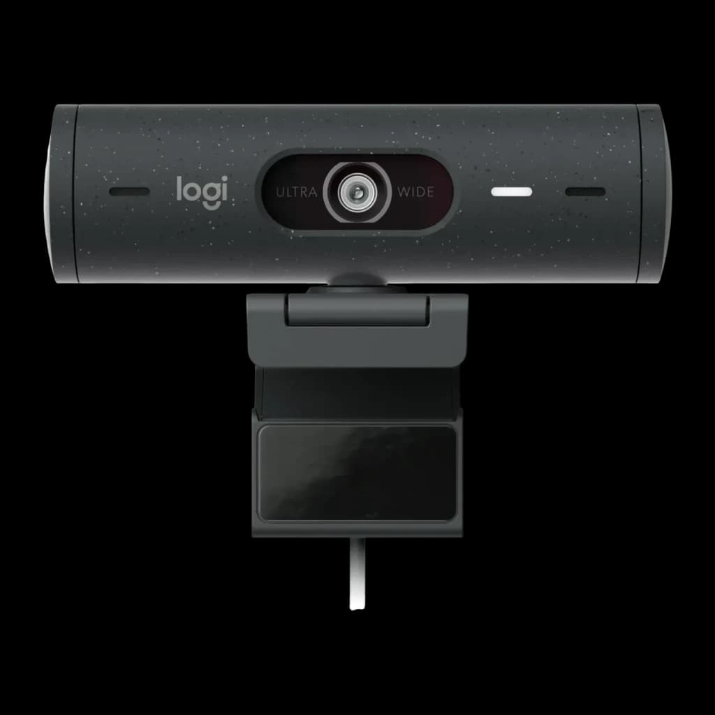 Webcam Logitech Brio 500 Full HD Microphone 60fps USB-C Graphite, vue avant: objectif ultra wide central, logo logi et clip