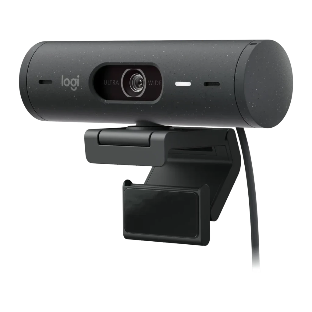 Webcam Logitech Brio 500 Full HD Microphone 60fps USB-C Graphite, détail: objectif Ultra Wide, voyant LED et clip