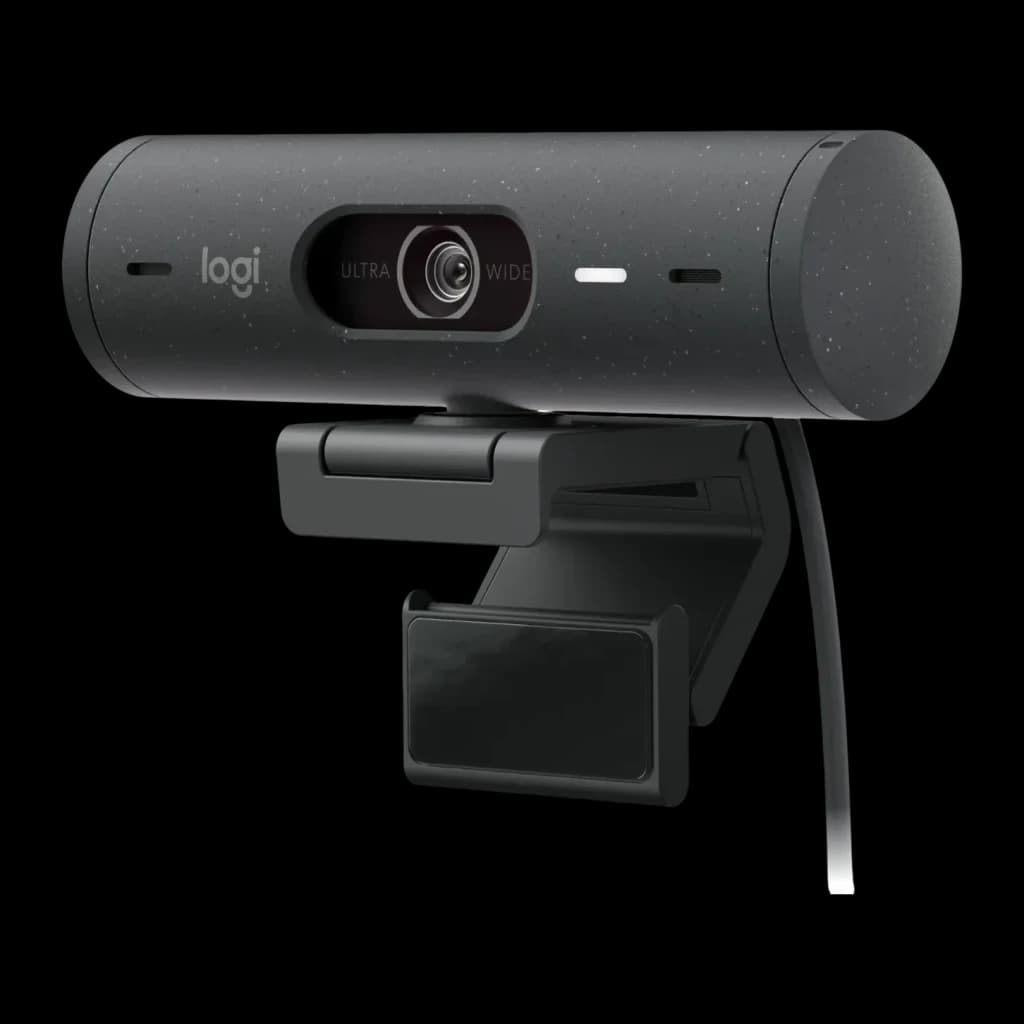 Webcam Logitech Brio 500 Full HD Microphone 60fps USB-C Graphite, détail: objectif Ultra Wide, voyant LED et clip