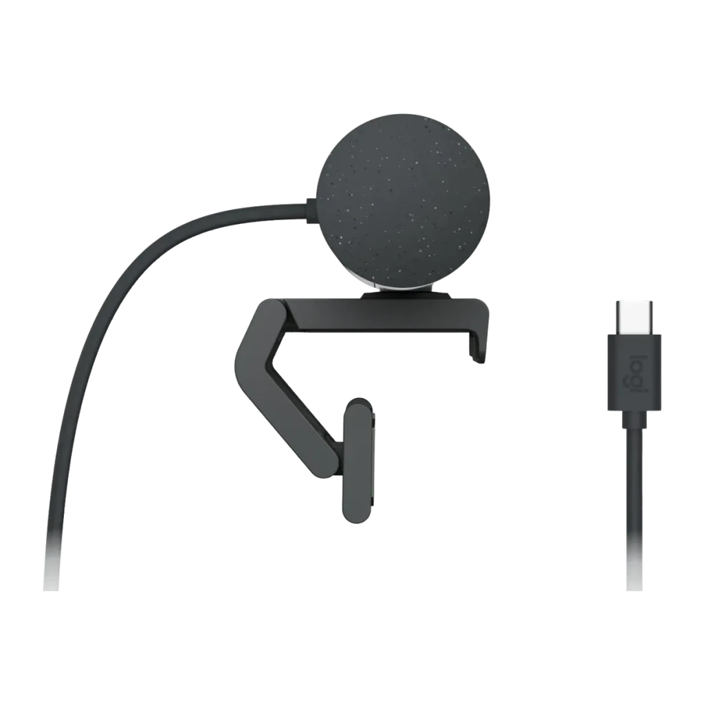 Webcam Logitech Brio 500 Full HD Microphone 60fps USB-C Graphite, vue arrière: clip moniteur, corps sphérique et câble USB-C