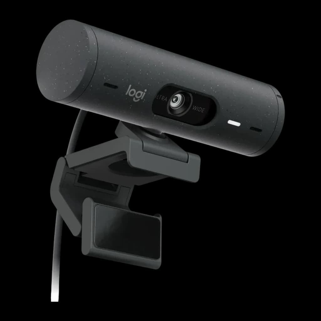 Webcam Logitech Brio 500 Full HD Microphone 60fps USB-C Graphite, détail: objectif Ultra Wide, logo logi et clip de fixation
