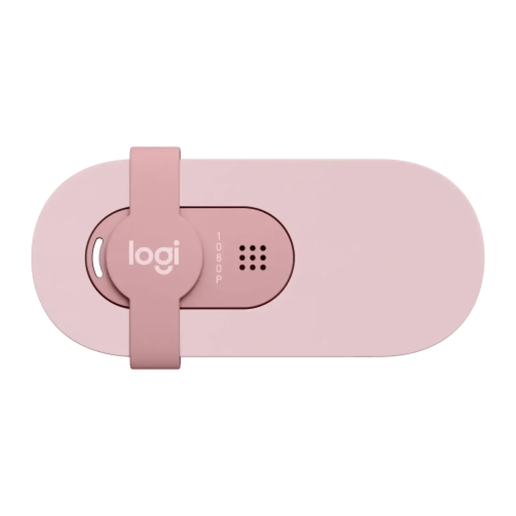 Webcam Logitech Brio 100 Full HD Microphone USB-C Rose, détail: vue arrière avec clip, logo logi et grille de microphone