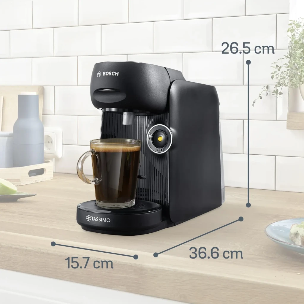 Máquina de café em cápsulas Bosch Tassimo Finesse 0,7L T DISC 1400W Preto TAS162E, vista lateral com dimensões