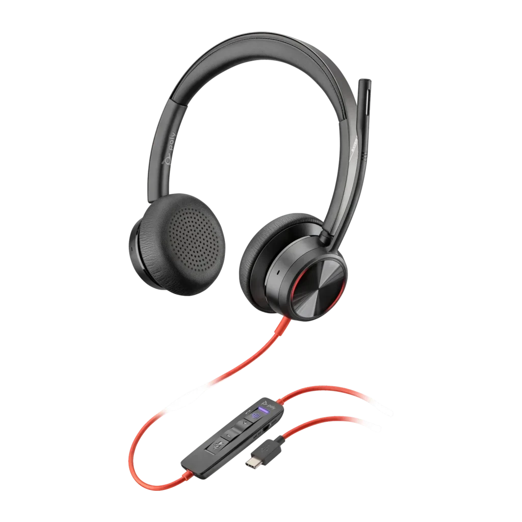 Auriculares Poly Blackwire 8225 USB-C Microsoft Teams Cancelación de Ruido Diadema Negro, detalle: cable rojo con mando