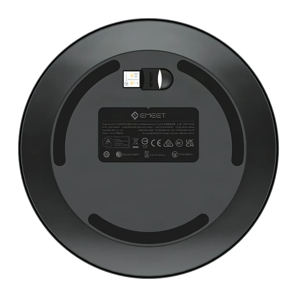 Conférencier EMEET OfficeCore M2 Max 5W USB-C / Bluetooth 5.0 Noir, vue arrière: base circulaire avec étiquette