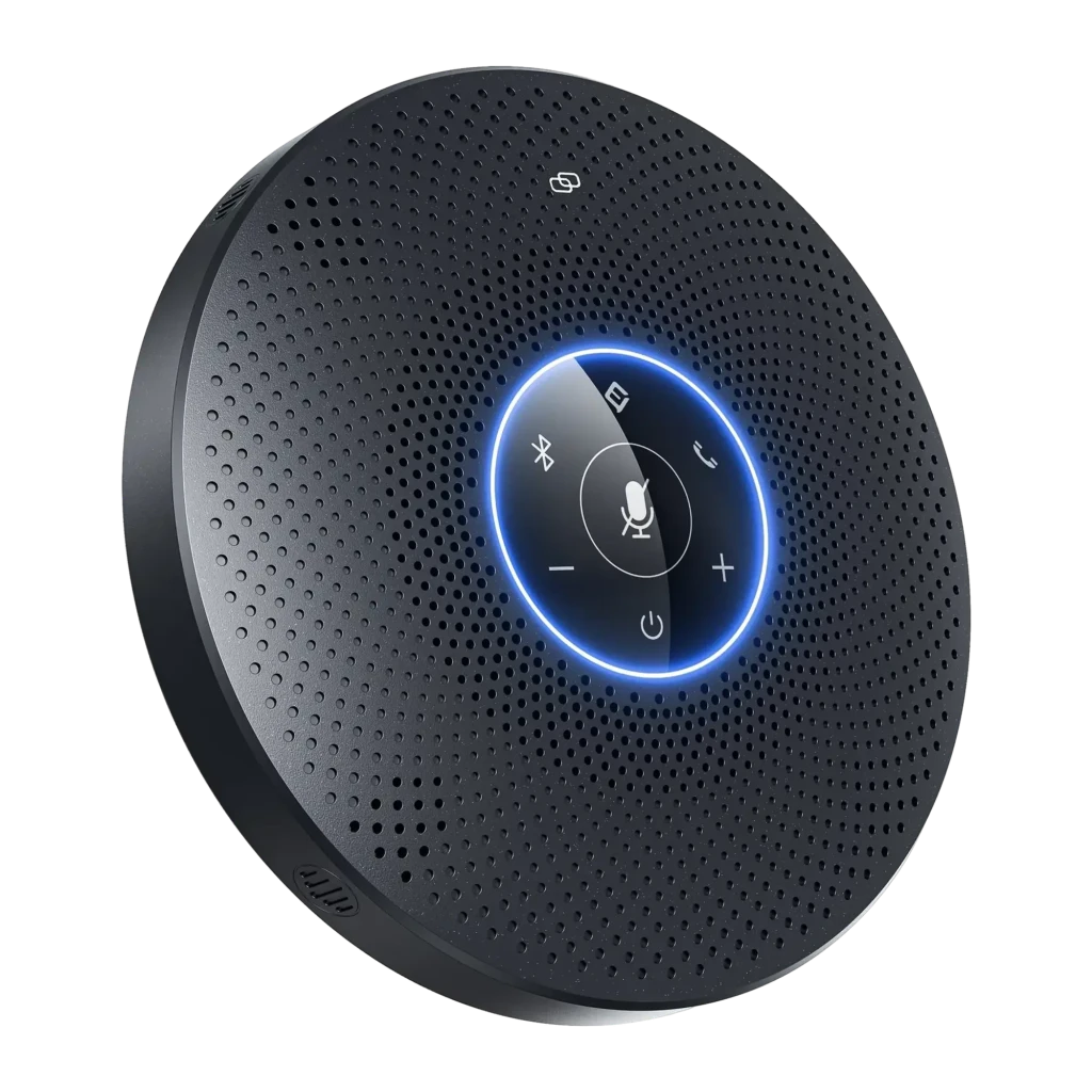 Conférencier EMEET OfficeCore M2 Max 5W USB-C / Bluetooth 5.0 Noir, détail: panneau tactile central rétroéclairé en bleu