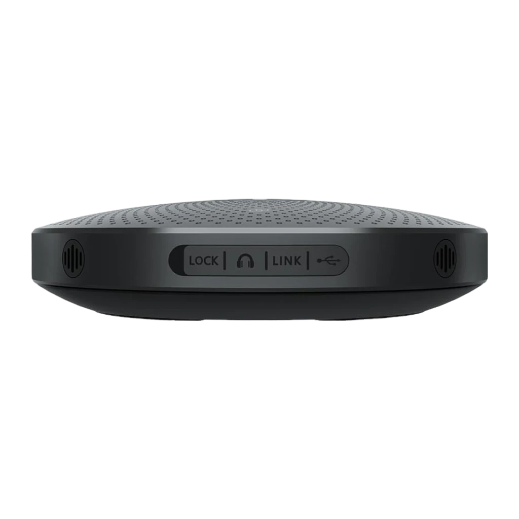 Conférencier EMEET OfficeCore M2 Max 5W USB-C / Bluetooth 5.0 Noir, détail latéral: ports LOCK, casque, LINK et USB-C