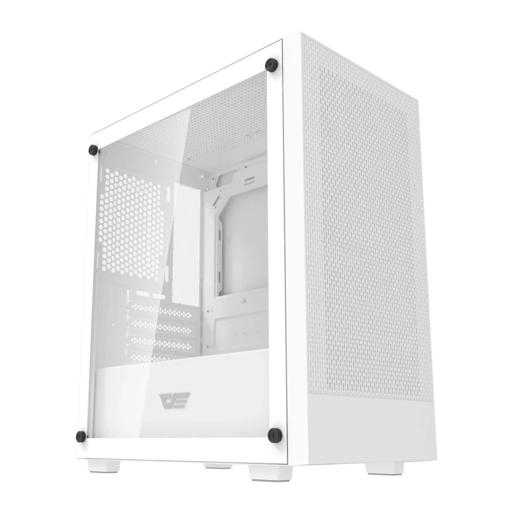 Boîtier PC Darkflash M305 Mesh Verre Trempé Micro-ATX 195×387×325 mm Blanc, vue avant: panneau latéral en verre trempé
