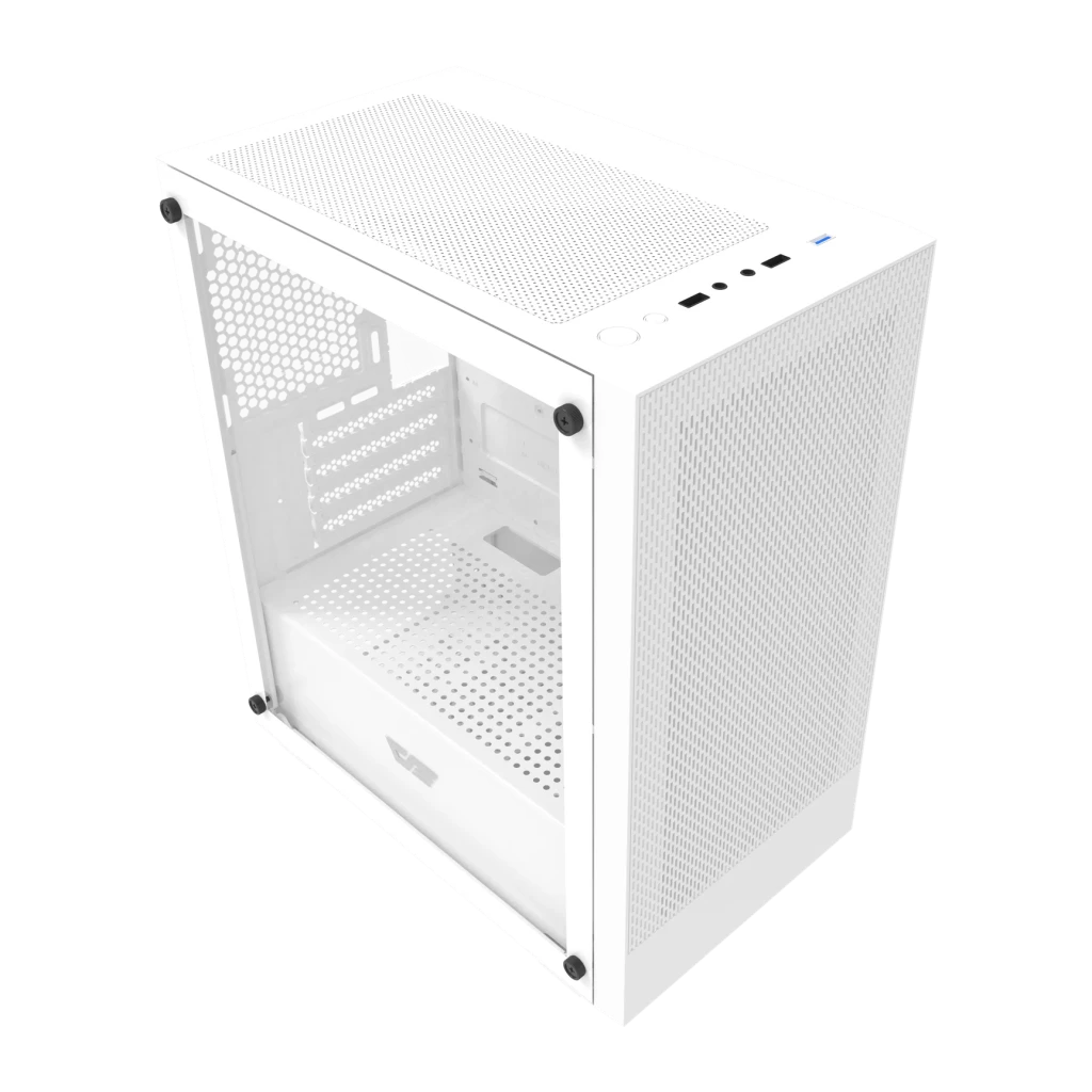Boîtier PC Darkflash M305 Mesh Verre Trempé Micro-ATX 195×387×325 mm Blanc, détail: vue en perspective, intérieur vide