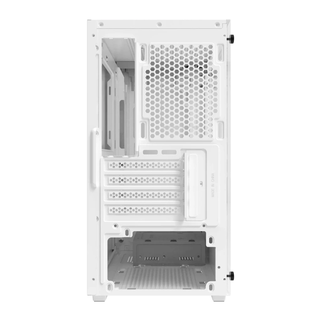 Boîtier PC Darkflash M305 Mesh Verre Trempé Micro-ATX 195×387×325 mm Blanc, vue arrière: panneau hexagonal perforé, slots