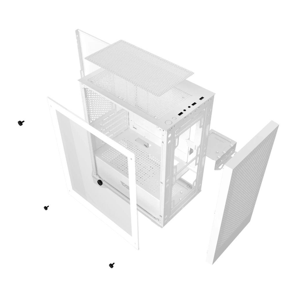 Boîtier PC Darkflash M305 Mesh Verre Trempé Micro-ATX 195×387×325 mm Blanc, détail: vue éclatée avec panneaux latéraux