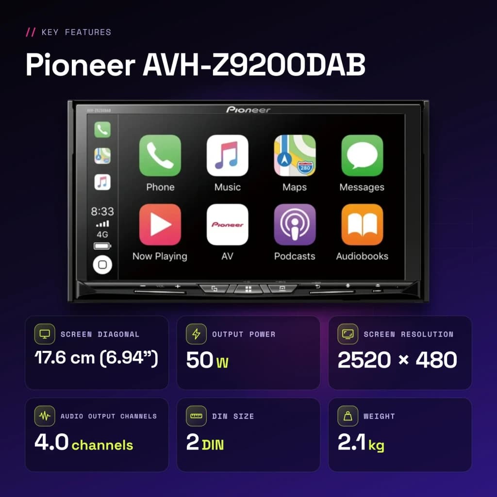 Autorradio Pioneer Negro CarPlay Android Auto 6.94 pulgadas 2DIN AVH-Z9200DAB - características