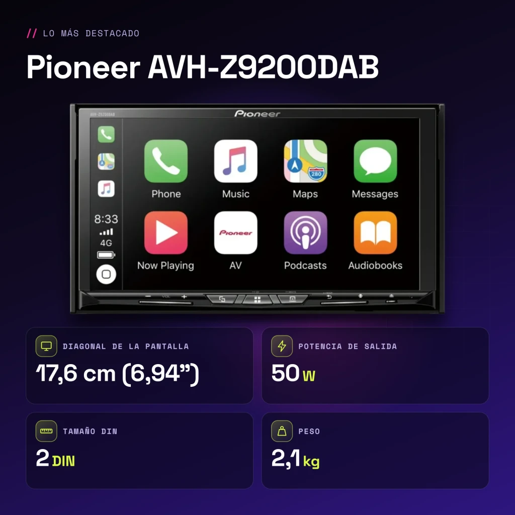 Autorradio Pioneer Negro CarPlay Android Auto 6.94 pulgadas 2DIN AVH-Z9200DAB - características
