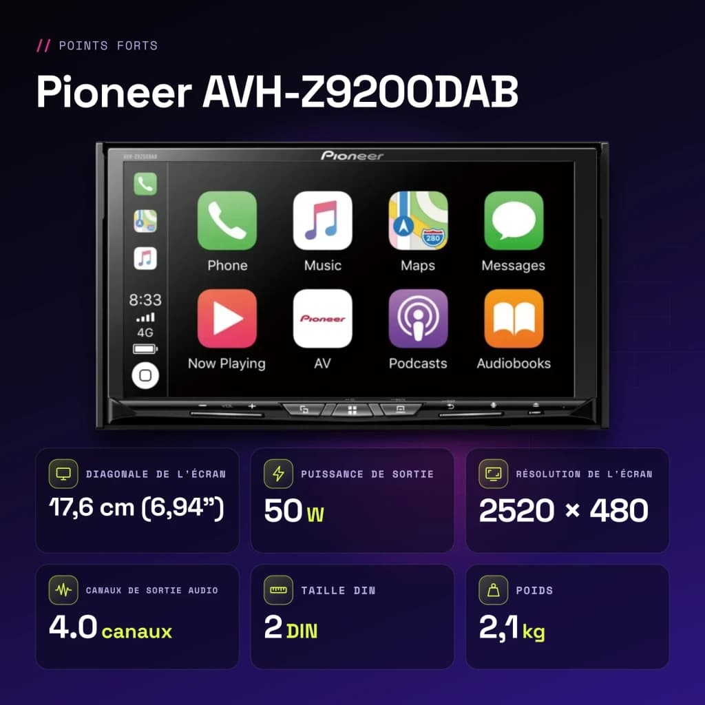 Autorradio Pioneer Negro CarPlay Android Auto 6.94 pulgadas 2DIN AVH-Z9200DAB - características