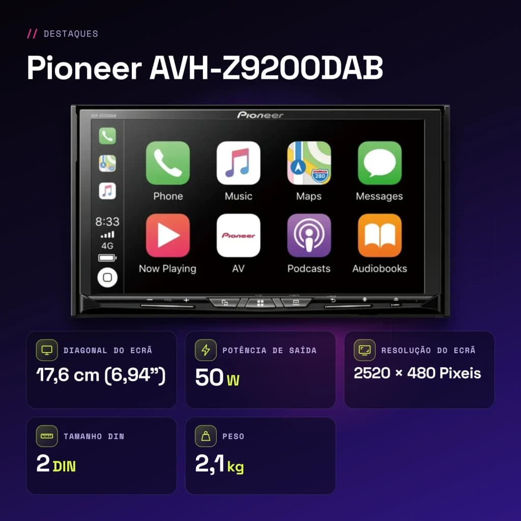 Autorradio Pioneer Negro CarPlay Android Auto 6.94 pulgadas 2DIN AVH-Z9200DAB - características